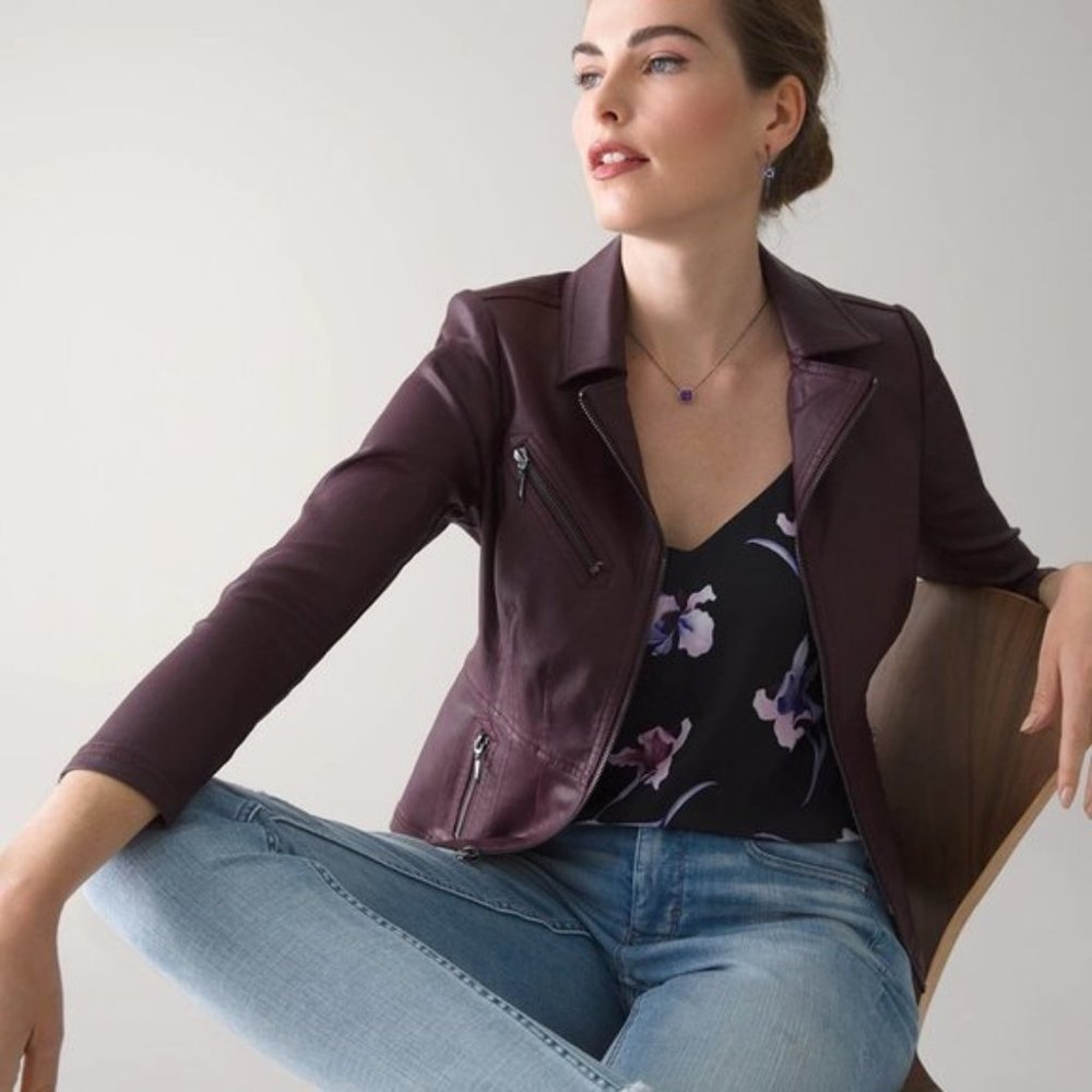 White House Black Market coated denim moto jacket in black cherry, size 2